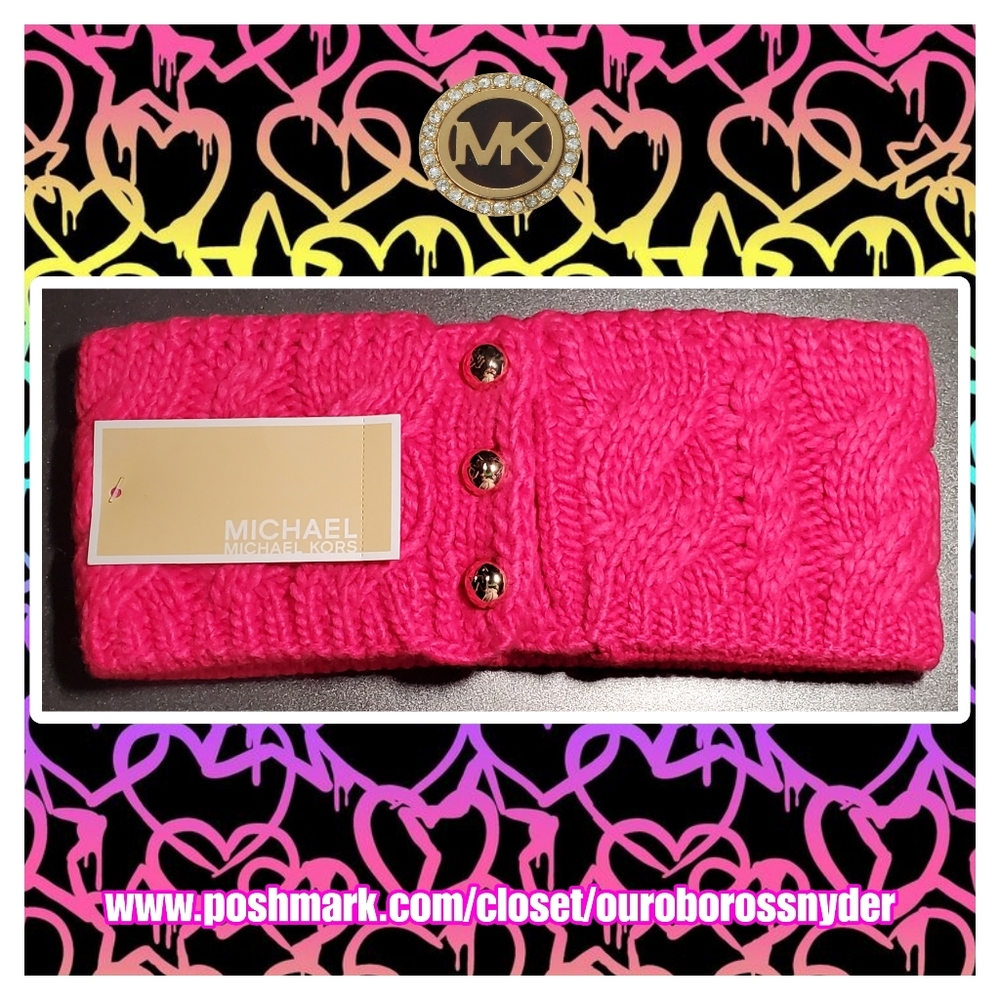 🆕️ NWTs Michael Kors Electric Pink Cable-Knit Headband With Gold-Toned Buttons